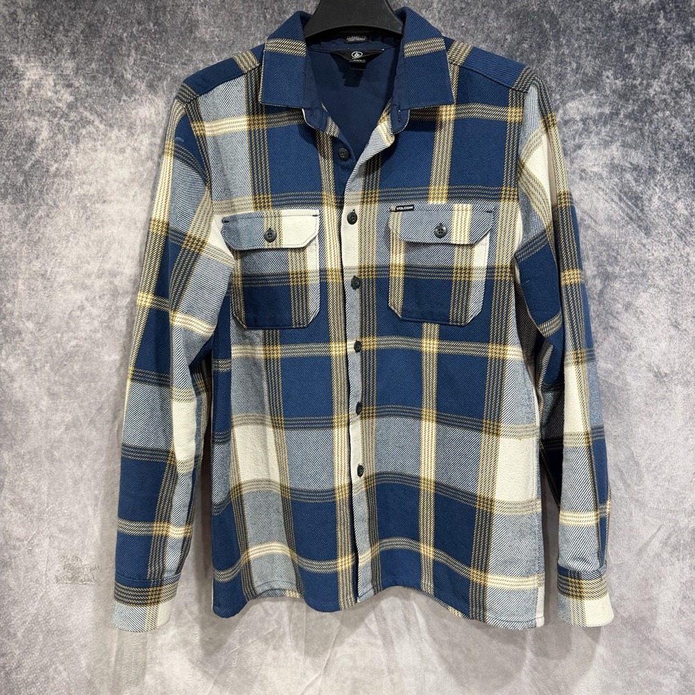 Volcom Heavy Daze Flannel Plaid shacket Jacket Blue White Mens M Button Up